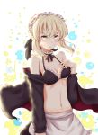  1girl absurdres alternate_costume apron artoria_pendragon_(all) artoria_pendragon_(swimsuit_rider_alter)_(fate) bare_shoulders bikini black_ribbon blonde_hair blush breasts choker cleavage d:&lt; enmaided fate/grand_order fate_(series) ge_ma groin hair_ribbon hand_on_own_chest highres lace_choker long_hair looking_at_viewer maid maid_apron medium_breasts navel off_shoulder ribbon ribbon_choker saber_alter swimsuit 