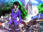  1girl belt black_hair brown_eyes car car_crash city clouds commentary_request day ground_vehicle highres kantai_collection long_sleeves motor_vehicle nachi_(kantai_collection) pantyhose ponytail remodel_(kantai_collection) skirt tree 