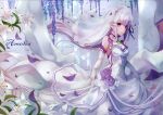  1girl artist_name blue_ribbon bokujuu breasts bridal_veil choker cleavage dress elbow_gloves emilia_(re:zero) floating_hair gloves hair_between_eyes hair_ribbon highres long_hair medium_breasts petals pointy_ears purple_flower purple_hair re:zero_kara_hajimeru_isekai_seikatsu red_eyes ribbon sile skirt_hold sleeveless sleeveless_dress solo standing veil very_long_hair wedding_dress white_dress white_flower white_gloves 