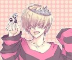  1boy artist_request belphegor_(reborn) blonde_hair finger_puppet hair_over_eyes katekyo_hitman_reborn lowres male_focus puppet shirt short_hair solo source_request striped striped_shirt tiara 