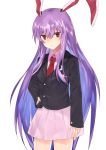  1girl :/ animal_ears asuzemu bangs blazer breasts closed_mouth cowboy_shot crescent crescent_moon_pin hand_on_hip jacket long_hair long_sleeves looking_at_viewer necktie pink_skirt purple_hair rabbit_ears red_eyes red_necktie reisen_udongein_inaba skirt solo touhou very_long_hair 
