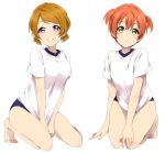  2girls bangs bare_legs barefoot between_legs blush brown_hair dot_nose green_eyes hand_between_legs hoshizora_rin kneeling koizumi_hanayo looking_at_viewer love_live! low_twintails multiple_girls orange_hair parted_lips sekina shirt short_hair short_sleeves simple_background smile swept_bangs swimsuit swimsuit_under_clothes twintails two_side_up violet_eyes white_background white_shirt 
