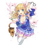  &gt;:d 1girl :d amelie_mcgregor armband bangs blonde_hair blue_dress blue_eyes braid breasts cherry_blossoms choker cleavage cuffs dog dress eyebrows_visible_through_hair flower food french_braid frilled_dress frills hair_flower hair_ornament hat lantern long_hair looking_at_viewer medium_breasts mmu official_art open_mouth police_hat smile solo standing standing_on_one_leg thigh-highs transparent_background uchi_no_hime-sama_ga_ichiban_kawaii wavy_hair white_legwear zettai_ryouiki 