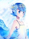  1girl bare_arms bare_shoulders blue_eyes blush dress flower from_side hair_flower hair_ornament hairband naoto_(yandereheaven) pokemon pokemon_(creature) pokemon_(game) pokemon_sm short_hair signature sleeveless sleeveless_dress smile solo suiren_(pokemon) trial_captain upper_body water white_dress wishiwashi 