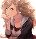  1girl atlus blonde_hair blue_eyes chin_rest earrings hair_ornament hairclip hood hoodie jewelry long_hair looking_at_viewer megami_tensei nekorin_(nekoforest) persona persona_5 smile solo takamaki_anne twintails 