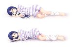  1girl ;d barefoot blue_hair closed_eyes dress long_hair love_live! love_live!_school_idol_project lying music_s.t.a.r.t!! on_side one_eye_closed open_mouth short_dress simple_background sleeping smile sonoda_umi striped striped_dress white_background white_legwear yu-ta 