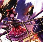  1girl :&gt; aircraft blush bow brown_hair bunny_hair_ornament closed_mouth clouds collared_shirt commentary dutch_angle girls_frontline gun hair_bow hair_ornament helicopter highres holding holding_gun holding_weapon m99_(girls_frontline) necktie outdoors pink_eyes railing red_bow red_necktie red_skirt roon shirt skirt sky sleeveless sleeveless_shirt solo standing star star_print sunset weapon weapon_request white_shirt wind wing_collar 