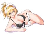  1girl bare_shoulders blonde_hair breasts cleavage elf etan14 green_eyes groin high_ponytail hips large_breasts long_hair lying maid_cap navel on_side open_mouth original pointy_ears ponytail shadow simple_background smile solo thighs white_background 