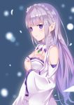  1girl absurdres bangs bare_shoulders blunt_bangs breasts detached_sleeves dress emilia_(re:zero) flower hair_flower hair_ornament highres looking_at_viewer medium_breasts parted_lips pointy_ears purple_dress purple_hair re:zero_kara_hajimeru_isekai_seikatsu solo violet_eyes x_hair_ornament yukiyaii 