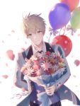  1boy ahoge balloon black_necktie blonde_hair bouquet collared_shirt commentary eyebrows_visible_through_hair fate/grand_order fate/prototype fate_(series) flower formal green_eyes grin holding holding_bouquet jacket long_sleeves looking_at_viewer male_focus necktie open_clothes open_jacket petals saber_(fate/prototype) shirt shuryukan smile solo standing striped_jacket suit white_background 