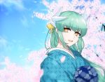  1girl :d blue_kimono day floating_hair green_hair hair_ornament japanese_clothes kimono kiyohime_(fate/grand_order) long_hair looking_at_viewer nekko open_mouth outdoors petals pink_flower smile solo upper_body very_long_hair yellow_eyes 