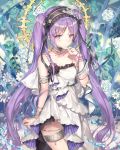  1girl armlet bangs bare_shoulders blush bracelet closed_mouth collarbone cowboy_shot day detached_sleeves dress euryale eyebrows_visible_through_hair fate/hollow_ataraxia fate_(series) floral_background frills hand_up headdress highres jewelry long_hair looking_at_viewer momoko_(momopoco) outdoors purple_hair sidelocks smile solo thighlet tsurime twintails very_long_hair violet_eyes white_dress 