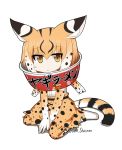  1girl :&lt; animal_ears brown_eyes elbow_gloves extra_serval_(kemono_friends) eyebrows_visible_through_hair full_body gloves high-waist_skirt highres kemono_friends looking_at_viewer lucky_beast_(kemono_friends) multicolored_hair no_nose orange_hair orange_legwear print_gloves seiza serval_ears serval_print serval_tail shoes short_hair sitting skirt solo striped_tail sudo_shinren tail twitter_username white_background white_hair white_shoes 