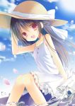  1girl :d arm_support bare_arms bare_shoulders black_hair blue_sky blush bow braid cherry_blossoms clouds commentary_request day dress dutch_angle eyebrows_visible_through_hair frilled_dress frills hair_between_eyes hand_on_headwear hat hat_bow hat_ribbon knees_together_feet_apart long_hair looking_at_viewer open_mouth original outdoors petals red_eyes ribbon shiiba_nae sidelocks sitting sky smile soaking_feet solo straw_hat sundress sunlight tareme water white_bow white_dress white_ribbon 