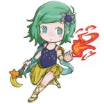  1girl :o aqua_eyes aqua_hair bangs blue_leotard blush_stickers bracelet bright_pupils chibi commentary_request crescent eyebrows_visible_through_hair final_fantasy final_fantasy_iv fire hair_ornament holding holding_wand jewelry leotard looking_at_viewer no_legwear parted_lips rydia sandals sarmar short_hair simple_background skirt solo spaulders star swept_bangs wand white_background yellow_skirt 