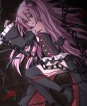  1girl ass bangs bare_shoulders bat_hair_ornament black_boots black_dress boots bound bound_ankles bound_wrists chains clenched_teeth cookies_(1503) detached_sleeves dress frown hair_between_eyes hair_ornament highres knee_boots krul_tepes long_hair looking_at_viewer lying official_style on_floor on_side owari_no_seraph pink_hair red_eyes solo teeth thigh-highs thigh_boots twintails very_long_hair wide_sleeves 