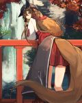 1girl artist_name autumn_leaves boots brown_eyes brown_hair eating fingerless_gloves food food_in_mouth from_behind gloves hair_between_eyes hat holding holding_food lansane leaning_against_railing long_hair long_sleeves looking_back low_ponytail original sidelocks skirt solo standing tail tree tree_branch water waterfall wolf_tail 