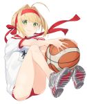  1girl ahoge bangs basketball blush braid buruma c: closed_mouth fate/extra fate/grand_order fate_(series) full_body gym_uniform hair_intakes hayashi_kewi headband knees_up legs_together looking_at_viewer name_tag saber_extra shoes short_sleeves sidelocks simple_background sitting smile sneakers solo thighs white_background 