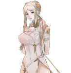 1girl arms_behind_back asymmetrical_hair blonde_hair blue_eyes breasts covered_navel cowboy_shot dress hair_ornament large_breasts long_hair looking_at_viewer nier_(series) nier_automata parted_lips quentin_lecuiller solo white_dress yorha_infantry_squad_commander 