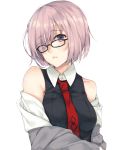  1girl bare_shoulders biting black_dress dress eyes_visible_through_hair fate/grand_order fate_(series) glasses hair_over_one_eye highres jacket lip_biting necktie off_shoulder parted_lips purple_hair rinarisa shielder_(fate/grand_order) short_hair simple_background solo upper_body violet_eyes white_background 