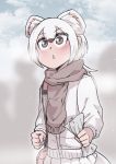  1girl black_hair blush brown_eyes clouds highres kemono_friends long_hair multicolored_hair scarf sky snowing solo stoat_(kemono_friends) stoat_ears stoat_tail takoongyi teeth two-tone_hair white_hair 