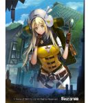  1girl bag belt blonde_hair breasts building cleavage copyright_name force_of_will gloves hat long_hair magnifying_glass official_art transparent_background tree upper_body yellow_eyes 