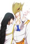  1boy 1girl black_hair blue_eyes bridal_gauntlets collarbone eizen_(tales) highres long_hair looking_back parted_lips simple_background singel_braid tales_of_(series) tales_of_berseria velvet_crowe very_long_hair white_background yellow_eyes 