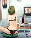  1girl arm_support bare_arms bare_back bare_legs bare_shoulders barefoot black_bow black_bra black_panties bottle bow bow_bra bra chopsticks commentary_request cushion from_behind green_hair highres idolmaster idolmaster_cinderella_girls indoors lace lace-trimmed_bra lace-trimmed_panties looking_away panties polka_dot polka_dot_bra polka_dot_panties round_table short_hair shoulder_blades sitting solo table takagaki_kaede television underwear underwear_only wall_clock watching_television wine_bottle 