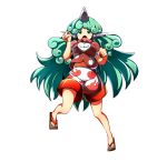  1girl animal_ears baba_(baba_seimaijo) bangs bare_legs cloud_print collared_shirt curly_hair fang full_body green_eyes green_hair highres horn kariyushi_shirt komano_aun long_hair looking_at_viewer open_mouth paw_pose red_shirt shirt short_sleeves shorts solo standing touhou transparent_background very_long_hair 