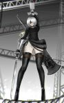  1girl black_blindfold black_boots black_dress black_hairband blindfold boots breasts cleavage_cutout dress facing_viewer feather-trimmed_sleeves hairband highleg highleg_leotard huge_weapon juliet_sleeves leotard long_sleeves medium_breasts mole mole_under_mouth nier_(series) nier_automata pod_(nier_automata) puffy_sleeves short_hair silver_hair solo sword tecnomayro thigh-highs thigh_boots thighhighs_under_boots vambraces weapon weapon_on_back white_leotard yorha_no._2_type_b 