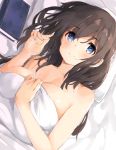  1girl bangs black_hair blanket blue_eyes blush book breasts closed_mouth dutch_angle eyebrows_visible_through_hair hair_between_eyes hand_up idolmaster idolmaster_cinderella_girls index_finger_raised large_breasts long_hair looking_at_viewer lying on_bed on_side sagisawa_fumika smile solo tareme tetsujin_momoko upper_body 