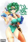  1girl ahoge animal anniversary artist_name belt between_breasts blue_eyes blue_gloves bracelet breasts cai-man curly_hair dragon_quest dragon_quest_iv gloves green_hair heroine_(dq4) highres holding holding_animal jewelry leotard lips looking_at_another messy_hair single_glove single_thighhigh slime_(dragon_quest) sword_on_back thigh-highs thighs torc 