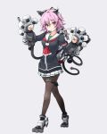  1girl alternate_costume animal_ears black_legwear black_sweater cat_ears cat_tail commentary_request full_body grey_background highres kantai_collection legs_crossed looking_at_viewer mecha_musume minosu neckerchief pantyhose paw_pose paws purple_hair red_eyes red_neckerchief school_uniform serafuku short_hair simple_background skirt solo sweater tail tama_(kantai_collection) watson_cross white_sailor_collar white_skirt 