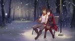  1boy 1girl bench black_hair boots brown_hair bullet cloak closed_eyes corset cross-laced_footwear forest gloves hand_holding kerchief kneehighs lace-up_boots lamppost nature original pantyhose ruby_rose rwby short_hair snow suspenders tree truc_bui winter yellow_eyes 