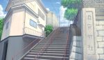  balcony blue_sky clouds cloudy_sky day door erezu highres house kimi_no_na_wa no_humans outdoors power_lines railing scenery sky stairs stone_wall telephone_pole tree wall window 