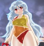  1girl bare_shoulders clouds competition_swimsuit covered_navel cowboy_shot from_below hair_ribbon long_hair looking_at_viewer multicolored multicolored_clothes multicolored_swimsuit one-piece_swimsuit red_eyes red_ribbon ribbon sakata_nemuno silver_hair sky smile solo swimsuit touhou wavy_hair winn 