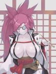  1girl baiken breasts cleavage collarbone eyepatch guilty_gear japanese_clothes kimono kiseru large_breasts long_hair long_sleeves looking_at_viewer obi one-eyed open_clothes open_kimono pink_eyes pink_hair pipe ponytail quentin_lecuiller sash scar scar_across_eye smile solo tattoo upper_body wide_sleeves 