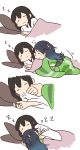  2girls akagi_(kantai_collection) betchan black_hair blue_hair brown_hair closed_eyes hand_holding hands_together highres hug japanese_clothes kantai_collection katsuragi_(kantai_collection) kimono long_hair multicolored_hair multiple_girls ponytail sleeping sleepy two-tone_hair white_background zzz 