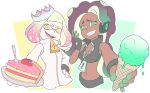 2girls breasts cake cleavage crop_top crown dark_skin domino_mask dress fangs fingerless_gloves food gloves green_eyes hands_on_hips headphones highres ice_cream inkling long_hair looking_at_viewer marina_(splatoon) mask mole mole_under_mouth multicolored_hair multiple_girls navel_piercing octarian offering pearl_(splatoon) piercing purple_hair simple_background sleeveless smile splatoon splatoon_2 tentacle_hair white_hair yellow_eyes zieghost zipper zipper_pull_tab