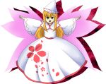  1girl blonde_hair dress facing_viewer fairy_wings floral_print flower green_eyes hair_flower hair_ornament hat lily_white long_hair oota_jun&#039;ya_(style) outstretched_arms petals pink_flower smile solo touhou white_dress white_hat wings zieghost 