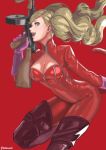  1girl blonde_hair blue_eyes bodysuit boots breasts cat_tail cleavage cleavage_cutout earrings gloves gun highres imdsound jewelry long_hair looking_at_viewer open_mouth persona persona_5 simple_background solo tail takamaki_anne thigh-highs thigh_boots twintails weapon 