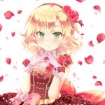  1girl artist_request blonde_hair blush dress green_eyes hairband highres idolmaster idolmaster_cinderella_girls idolmaster_cinderella_girls_starlight_stage looking_at_viewer petals rose_petals sakurai_momoka short_hair smile solo 