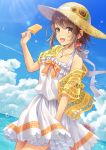  1girl blush brown_eyes brown_hair collarbone daidai_jamu dark_skin eyebrows_visible_through_hair flower food hair_bobbles hair_ornament highres jewelry looking_at_viewer necklace ocean open_mouth original popsicle smile solo sunflower 