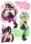  +_+ 2girls :d ;) ankle_boots aori_(splatoon) black_boots black_dress black_hair black_jumpsuit boots brown_eyes closed_eyes closed_mouth commentary cousins detached_collar domino_mask dress earrings english fangs food food_on_head gloves green_legwear grey_hair hotaru_(splatoon) jewelry light_smile long_hair looking_at_viewer mask mole mole_under_eye multiple_girls object_on_head one_eye_closed open_mouth pantyhose pointing pointing_up pointy_ears purple_legwear short_dress short_hair short_jumpsuit smile splatoon standing standing_on_one_leg strapless strapless_dress sushi tentacle_hair white_gloves wong_ying_chee 