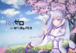  1girl copyright_name day detached_sleeves emilia_(re:zero) field floating_hair flower flower_field hair_flower hair_ornament hair_ribbon hand_in_hair highres long_hair ookuma_(qq) outdoors petals pointy_ears purple_ribbon re:zero_kara_hajimeru_isekai_seikatsu ribbon silver_hair smile solo standing tree very_long_hair white_flower 