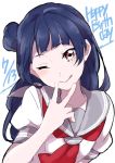  1girl :q bangs blue_hair blunt_bangs blush closed_mouth commentary_request dated hand_to_own_mouth happy_birthday long_hair looking_at_viewer love_live! love_live!_sunshine!! neckerchief one_eye_closed red_neckerchief sailor_collar school_uniform sekina serafuku shirt short_sleeves simple_background smile solo tongue tongue_out tsushima_yoshiko upper_body violet_eyes white_background white_shirt 