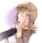  1girl brown_hair brown_sweater closed_eyes dangan_ronpa dress_shirt eyebrows_visible_through_hair hair_ornament hood hooded_sweater jond.dm long_hair nanami_chiaki parted_lips shirt simple_background super_dangan_ronpa_2 sweater tears white_background white_shirt 