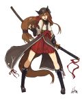  1girl artist_name boots brown_eyes brown_hair fingerless_gloves full_body gloves hair_between_eyes hat highres holding holding_sword holding_weapon lansane legs_apart long_hair long_sleeves low_ponytail open_mouth original sheath sheathed sidelocks skirt smile solo standing sword tail weapon white_background wide_sleeves 