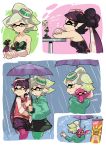  +_+ aori_(splatoon) black_dress black_hair black_jumpsuit brown_eyes closed_eyes closed_mouth commentary cousins detached_collar domino_mask dress earrings food food_on_head french_fries gloves green_legwear green_shirt grey_hair hands_in_pockets holding holding_umbrella hood hoodie hotaru_(splatoon) jacket jewelry letterman_jacket light_smile long_hair long_sleeves looking_at_another looking_back mask minigirl mole mole_under_eye musical_note object_on_head one_eye_closed pointy_ears quaver rain red_jacket shirt short_hair short_jumpsuit sitting smile splatoon squid standing strapless strapless_dress sushi table tentacle_hair umbrella white_gloves wong_ying_chee 