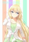  1girl blonde_hair blue_eyes blush breasts casual character_name contemporary dress fate/grand_order fate_(series) hand_behind_head heart highres jacket large_breasts light_smile long_hair looking_at_viewer ruler_(fate/apocrypha) sdustz short_dress solo 